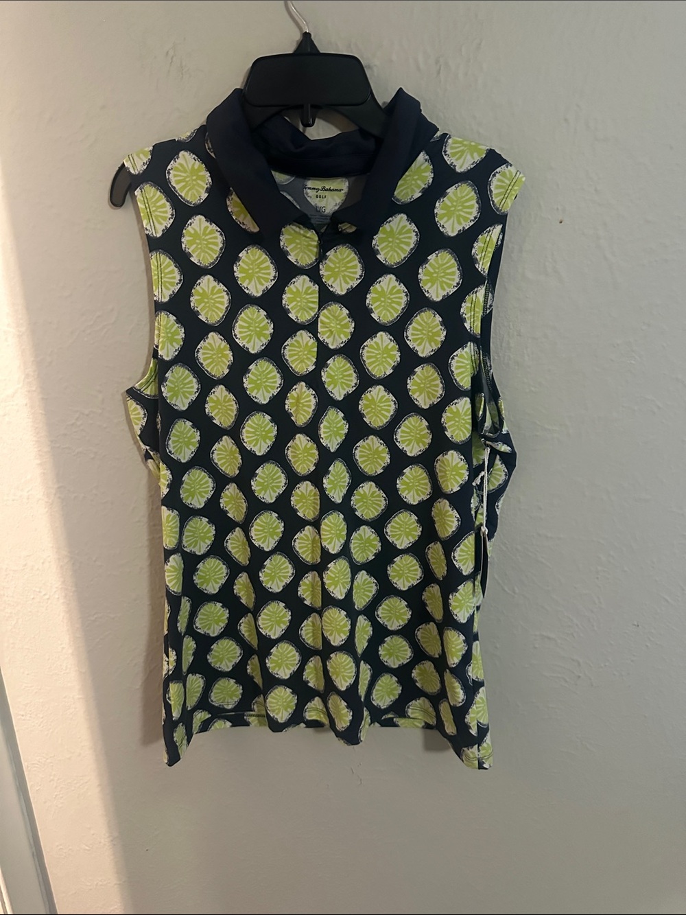 Tommy Bahama Navy Sleeveless Polo Tank with Lime Medallion Print